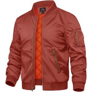 Men's Orange Red Polyester Warm Padded Work Casual Windproof Quilted Jackets